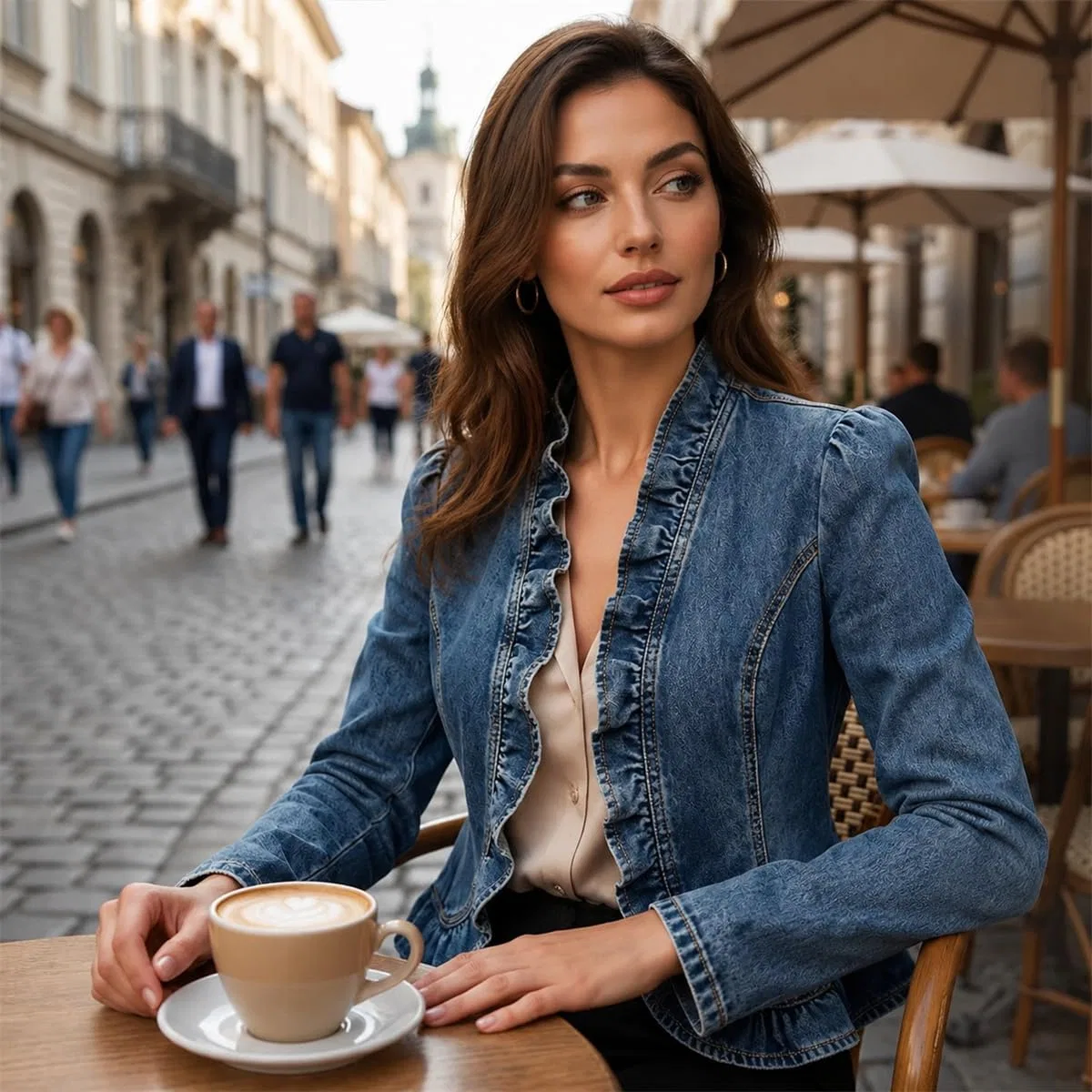 Женская джинсовая куртка с воланами без воротника, Blu — фото 2