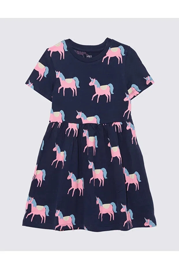 Детское платье для девочек с принтом Pure cotton unicorn patterned short sleeve dress Marks & Spencer, Navy Blue