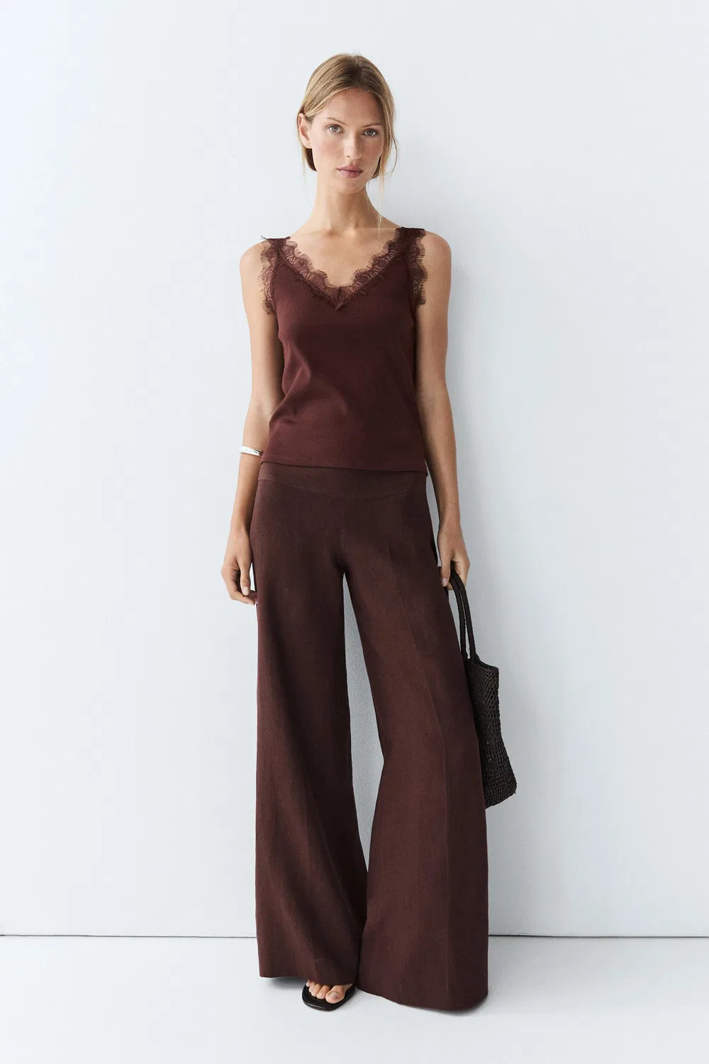 Топ Massimo Dutti Strappy Lace-Trim, коричневый — фото 4