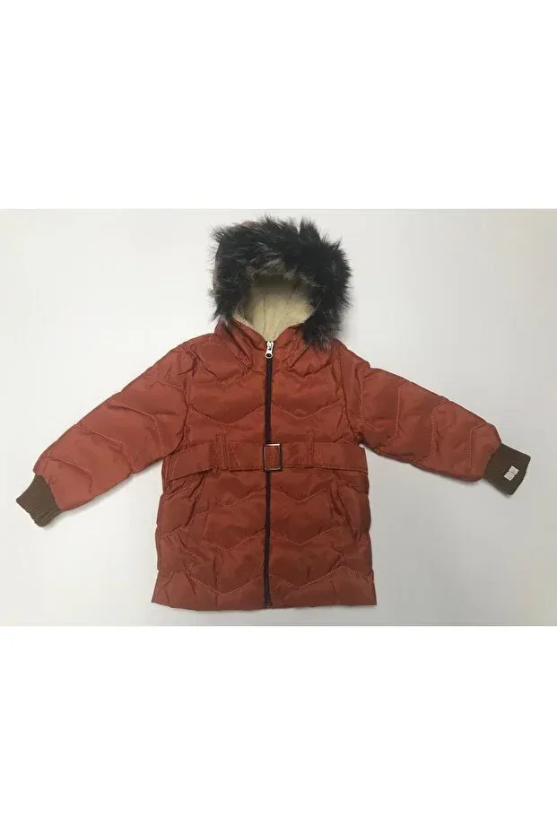Детское пальто для девочек зимнее утепленное с капюшоном и поясом Baby Slon Kids Clup, Tile-Clad