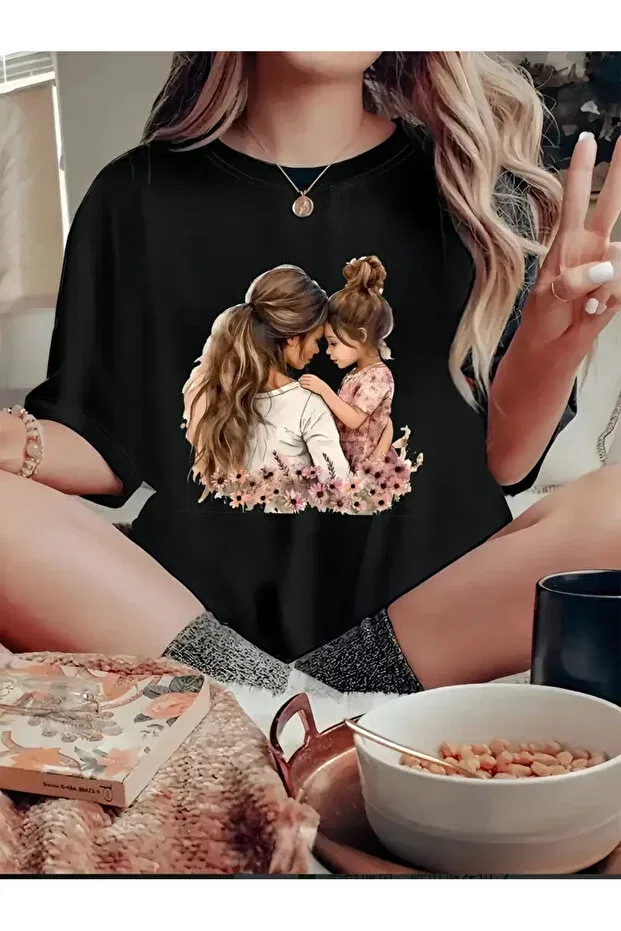 Детская футболка для девочек с принтом T-Shirt mother and daughter Pink Sky, Siyah