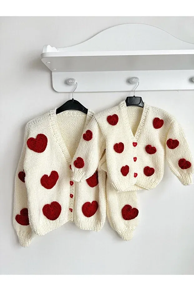 Детский кардиган с принтом Hand Knitted Mother and Daughter Combined Heart Emakrome, Cream