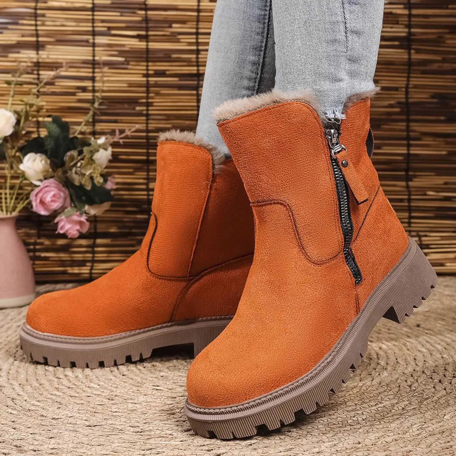 Детские ботинки для девочек с принтом Winter Ankle Boots Platform Side Zipper Warm Snow Boots with Faux Leather Lining for Cold Weather, Orange — фото 3
