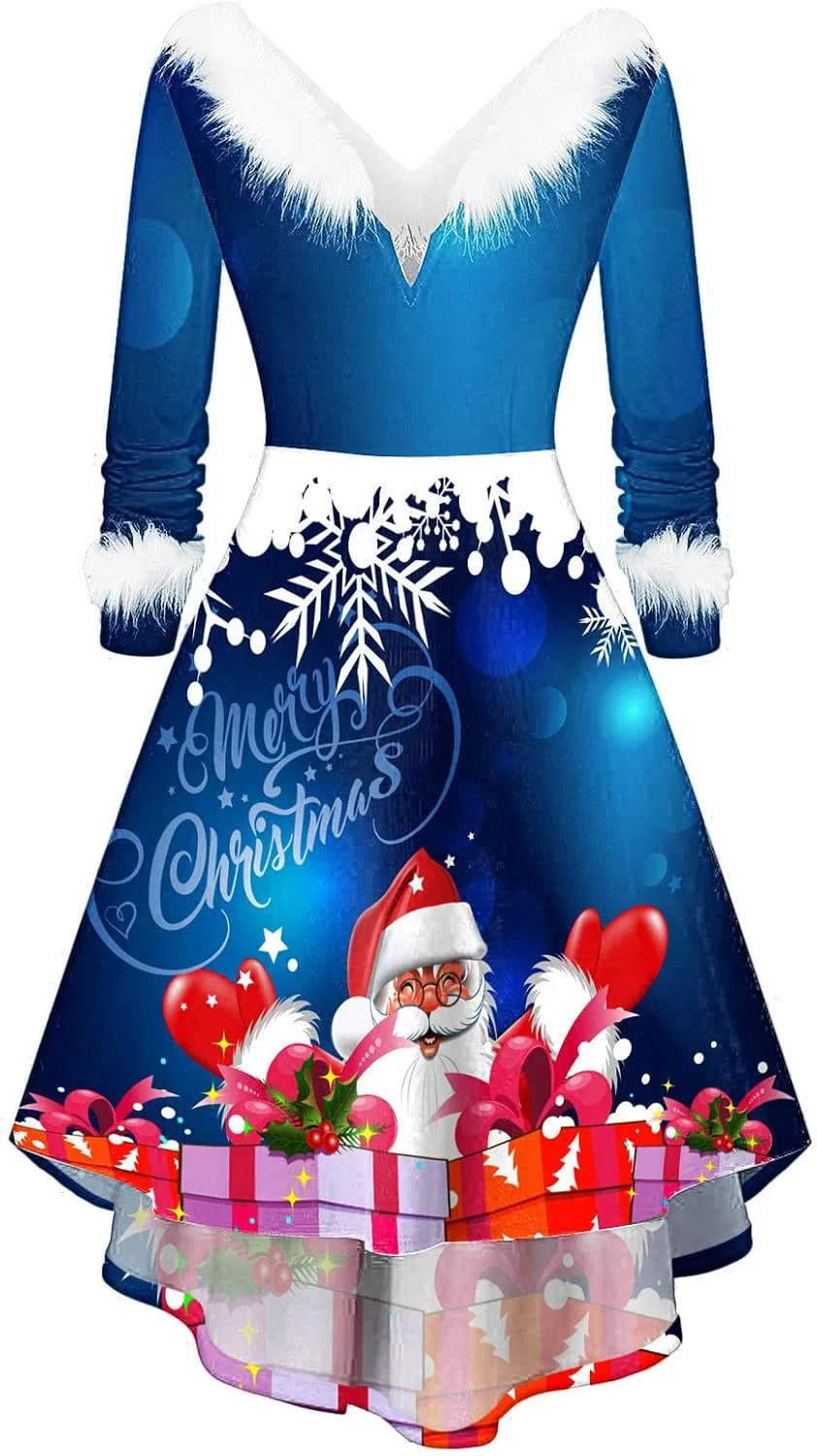 Женское платье с V-образным вырезом с длинным рукавом, Christmas Print, 5-Blue