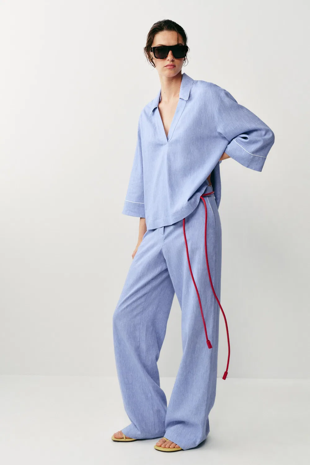 Блузка из смесовой льняной ткани с кантом ZARA, Light Blue
