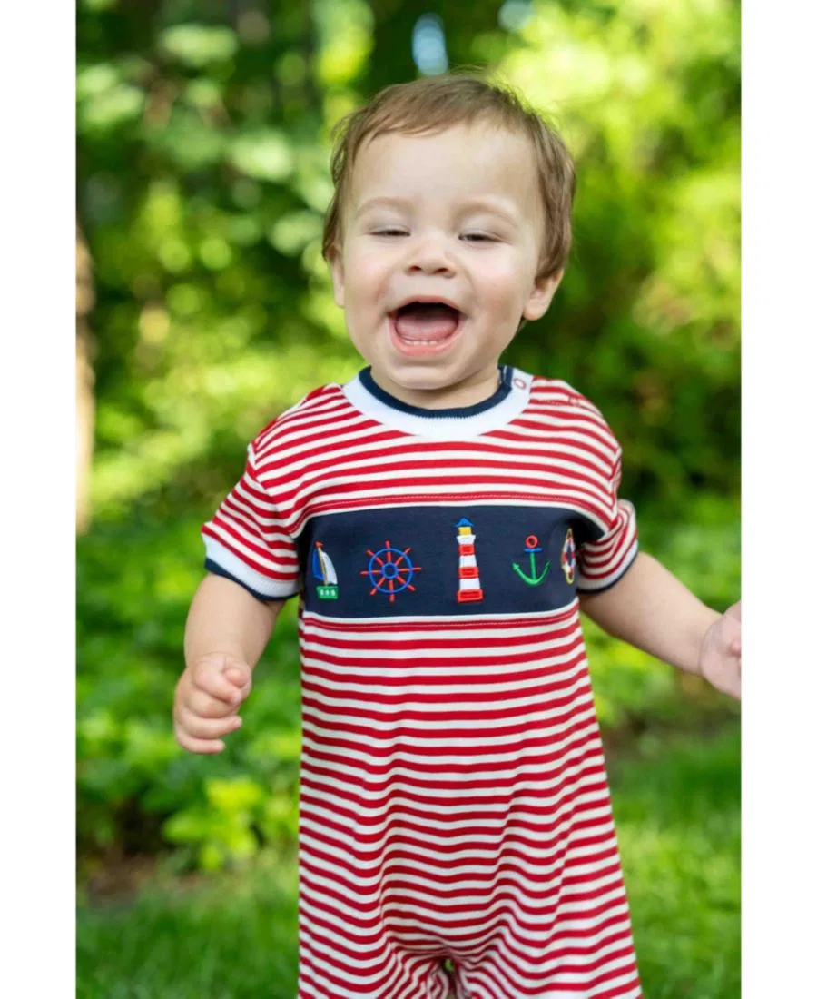 Детский комбинезон-боди с принтом, модель Stripe Knit Shortall With Nautical Applique Florence Eiseman, Red — фото 4