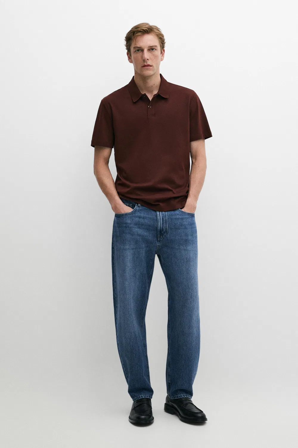 Поло Massimo Dutti 100% Cotton Short Sleeve Shirt, коричневый — фото 3