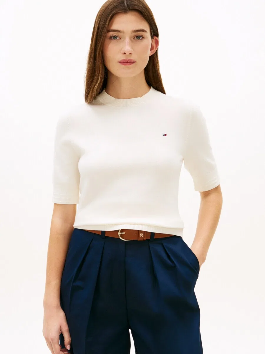 Свитер TOMMY HILFIGER 'Fine Short Sleeve' светло-бежевого цвета — фото 2