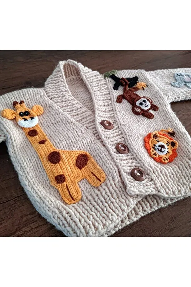 Детский кардиган с длинным рукавом Hand Knitted Forest Animals Figured Baby Kids Cardigan El Örgüsü, Beige