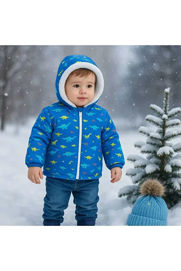 Детское зимнее пальто для девочек с принтом Tosyalı Burak Bebe, Indigo Dinosaur — фото 2