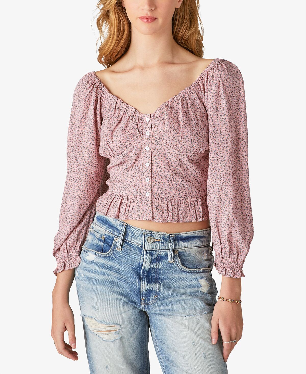 

Женский присборенный топ с цветочным принтом и пуговицами спереди Lucky Brand, мульти