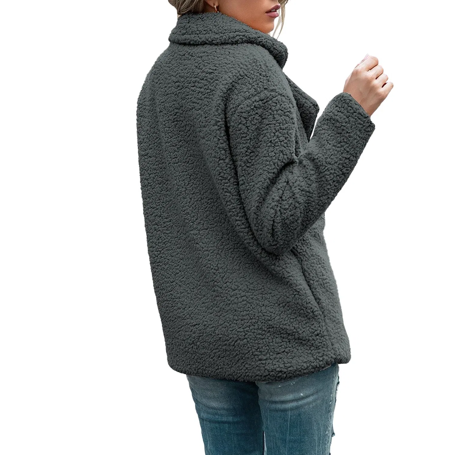 Женское длинное пальто из искусственного меха с принтом, модель Oversized Warm Jacket, dark grey — фото 3