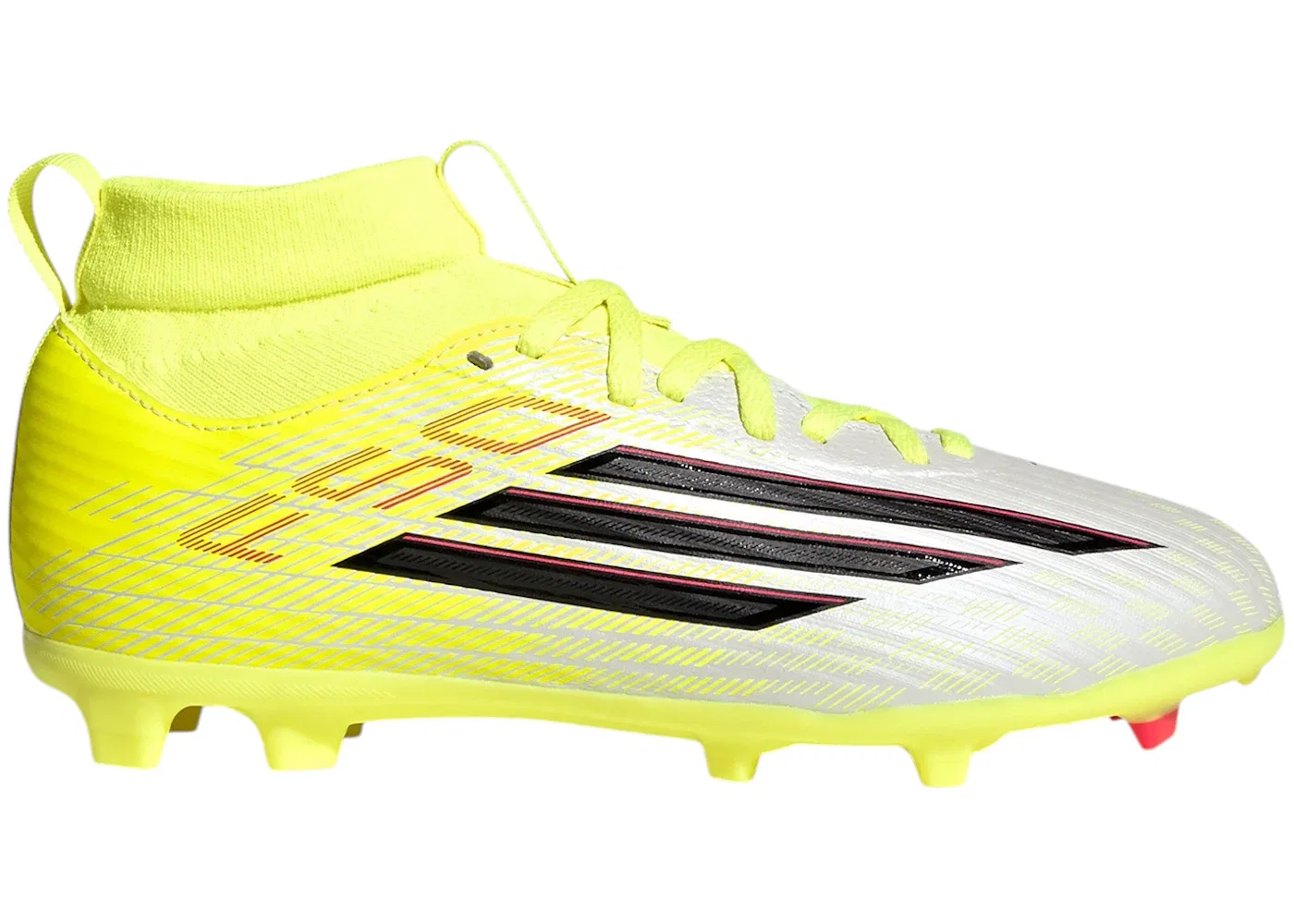 Детские футбольные бутсы с фиксированной шипованной подошвой Adidas F50 League Mid Cut FG/MG Born for Goals Pack, цвет Team Solar Yellow 2/Core Black/Lucid Red