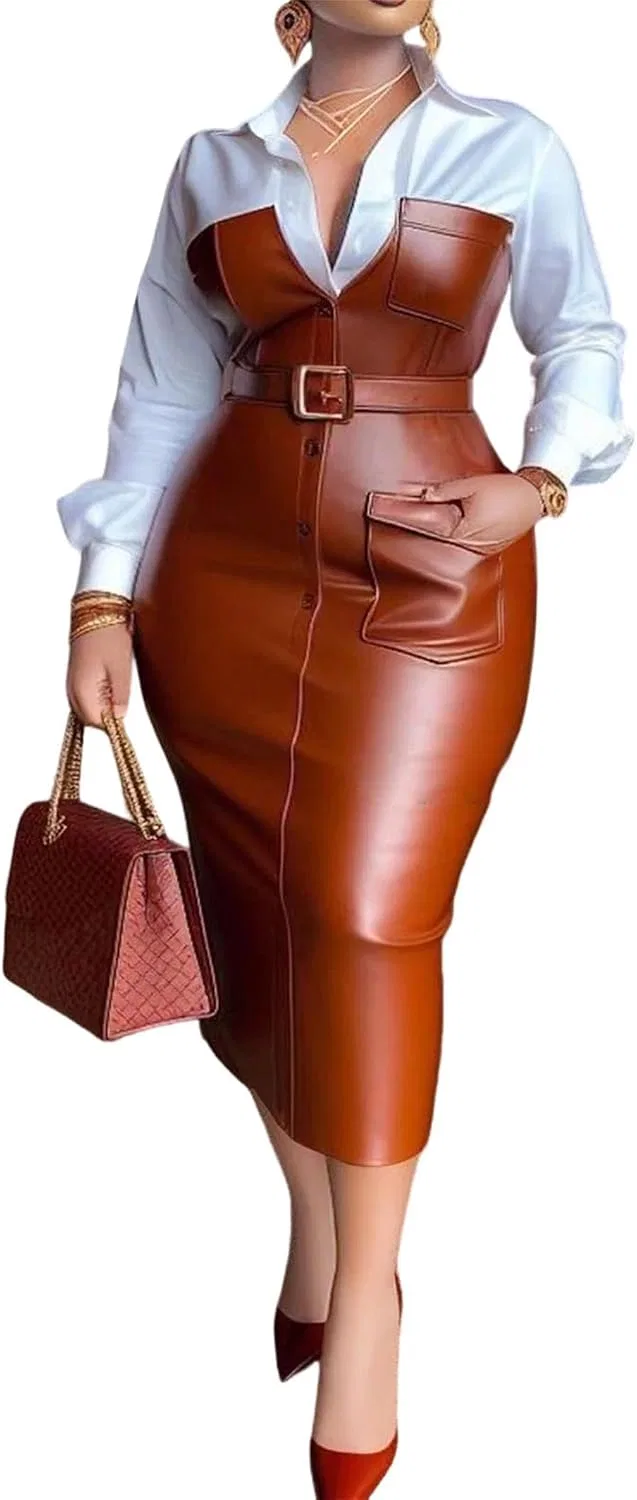Женское платье миди с поясом из PU-кожи, Brown