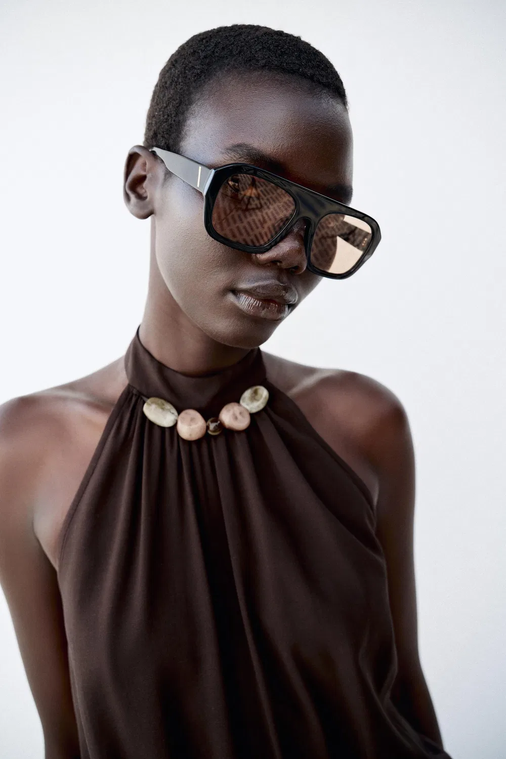 Платье с бисером и завязками на шее ZARA, Brown — фото 2