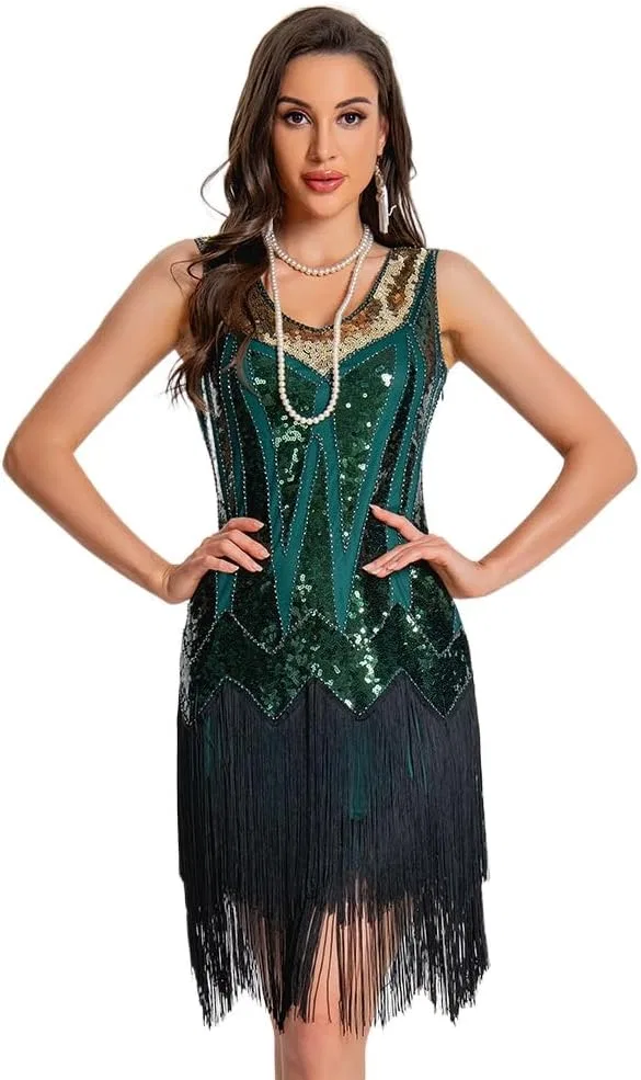 Женское платье вечернее с бахромой, модель Vintage 1920s Style, тёмно-зелёный