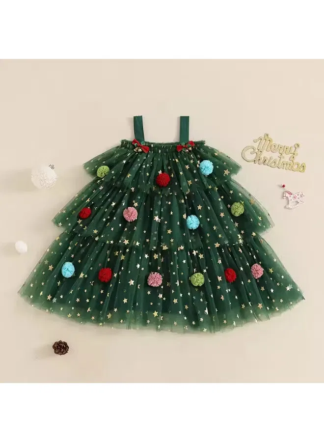 Платье детское праздничное с бретелями и плюшевым шаром Matching Family Outfits, темно-зеленый — фото 2