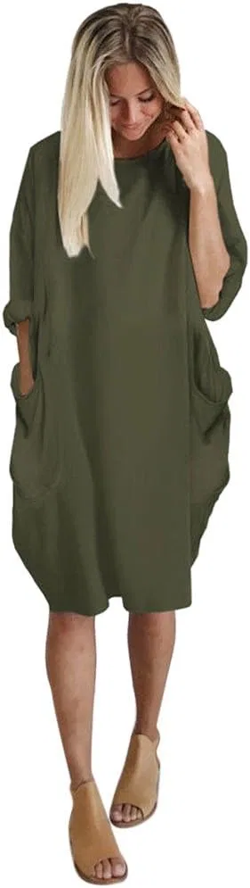 Женское платье свободное с карманами, Army Green