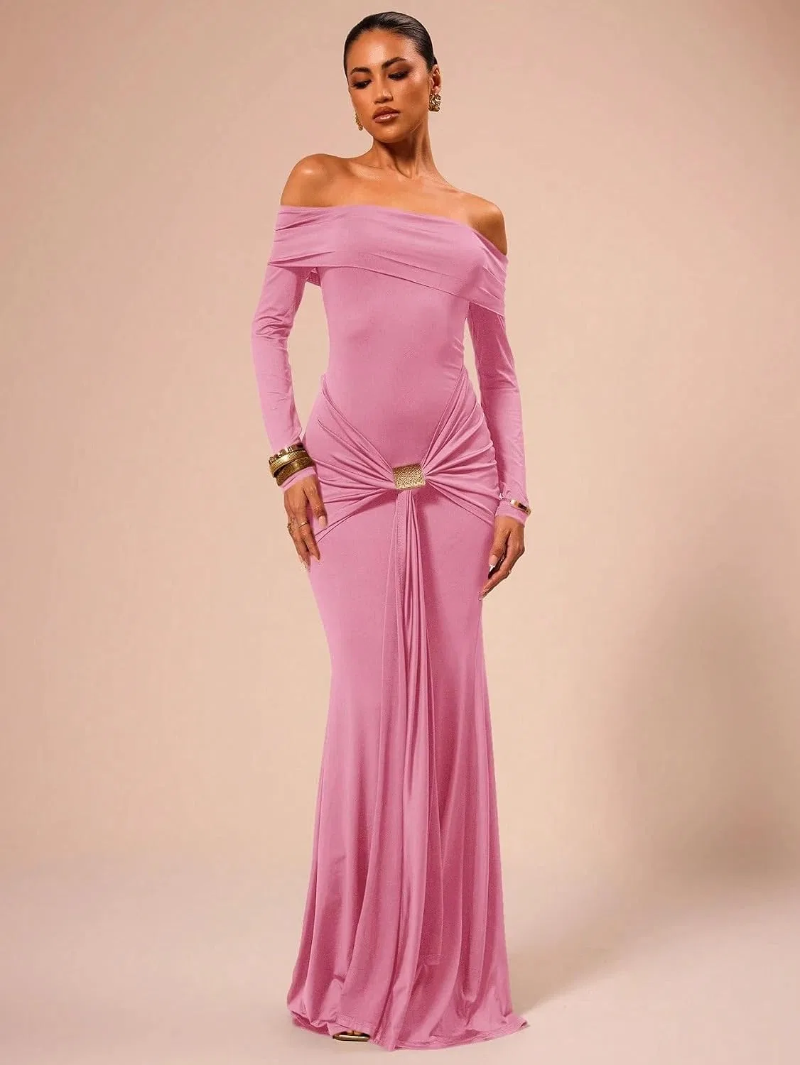 Женское макси-платье с открытыми плечами Slimming Fit, Pink — фото 3