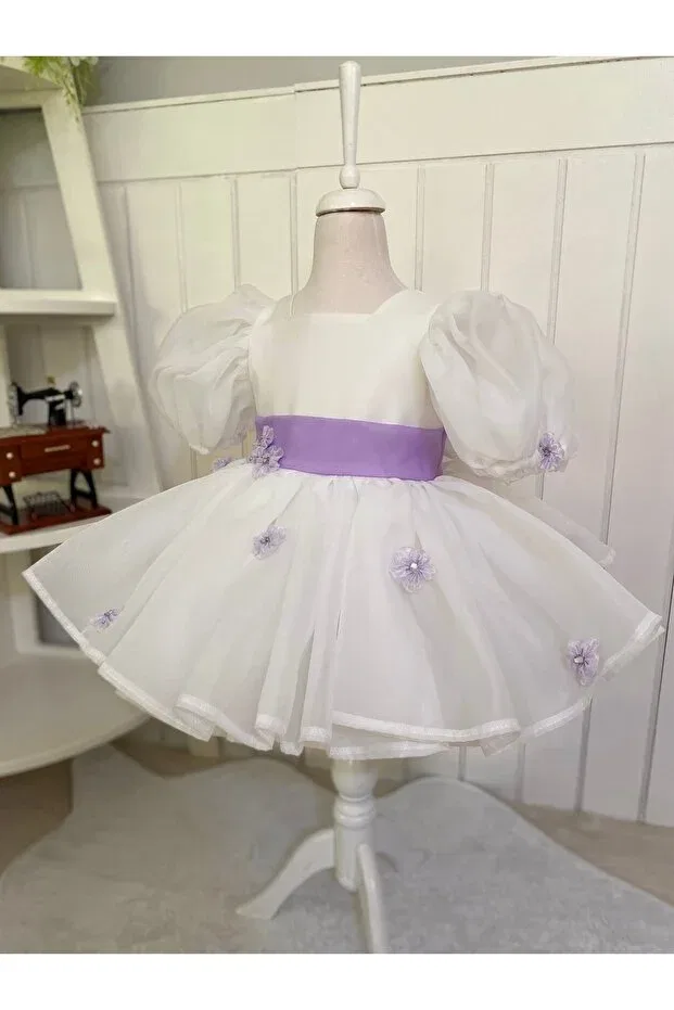 Детское платье для девочек с принтом Puffy bubble sleeve flower girl's dress Hobi, White-Lilac — фото 2