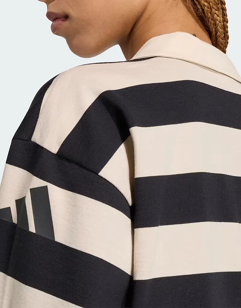 Поло Adidas Sportswear Essentials в современном стиле с длинными рукавами из французского махрового трикотажа, черный/кристально чистый лен — фото 3