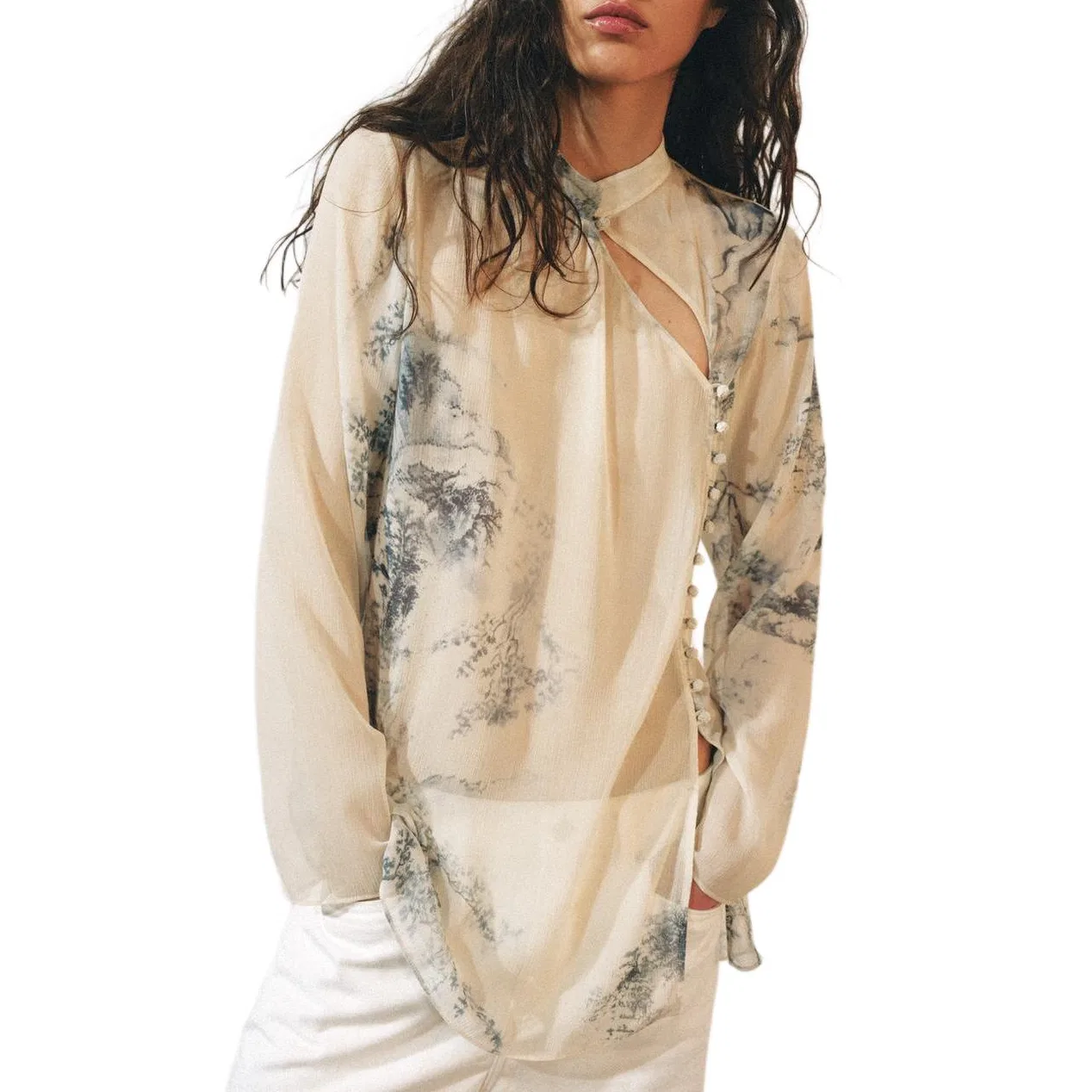 ZARA Женская рубашка с круглым вырезом ZW Shirts, Raw White — фото 4
