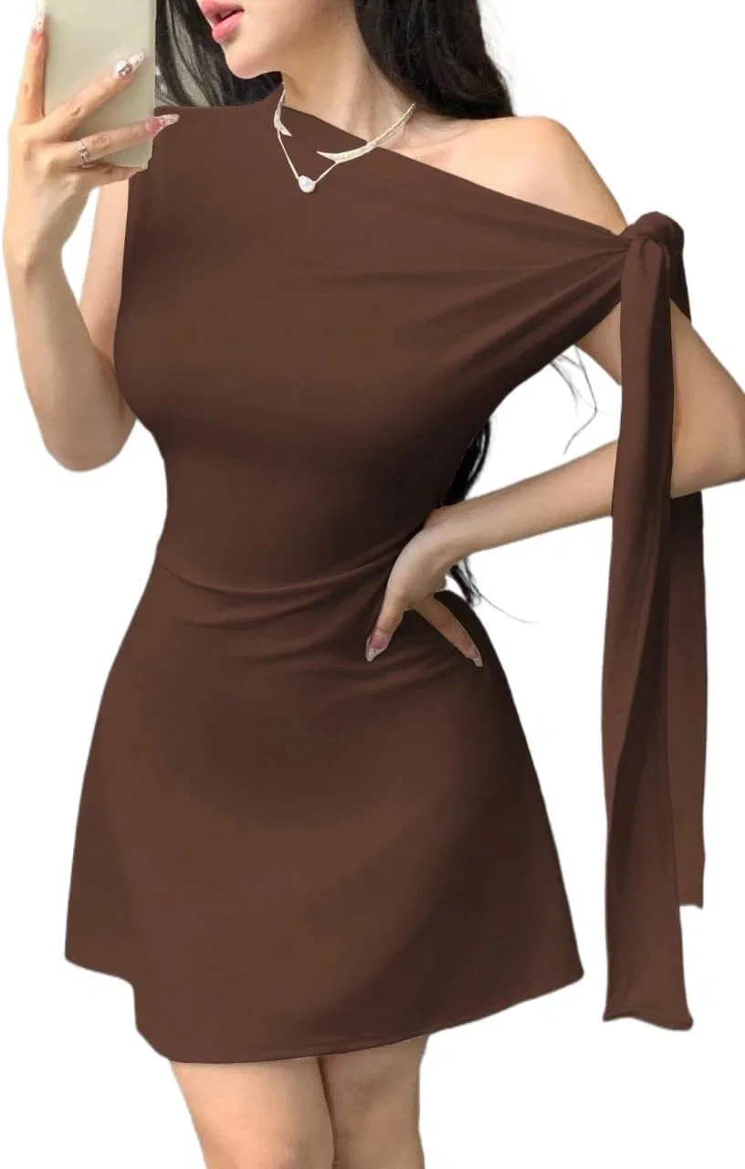 Женское асимметричное платье A-силуэта с завязкой, Brown