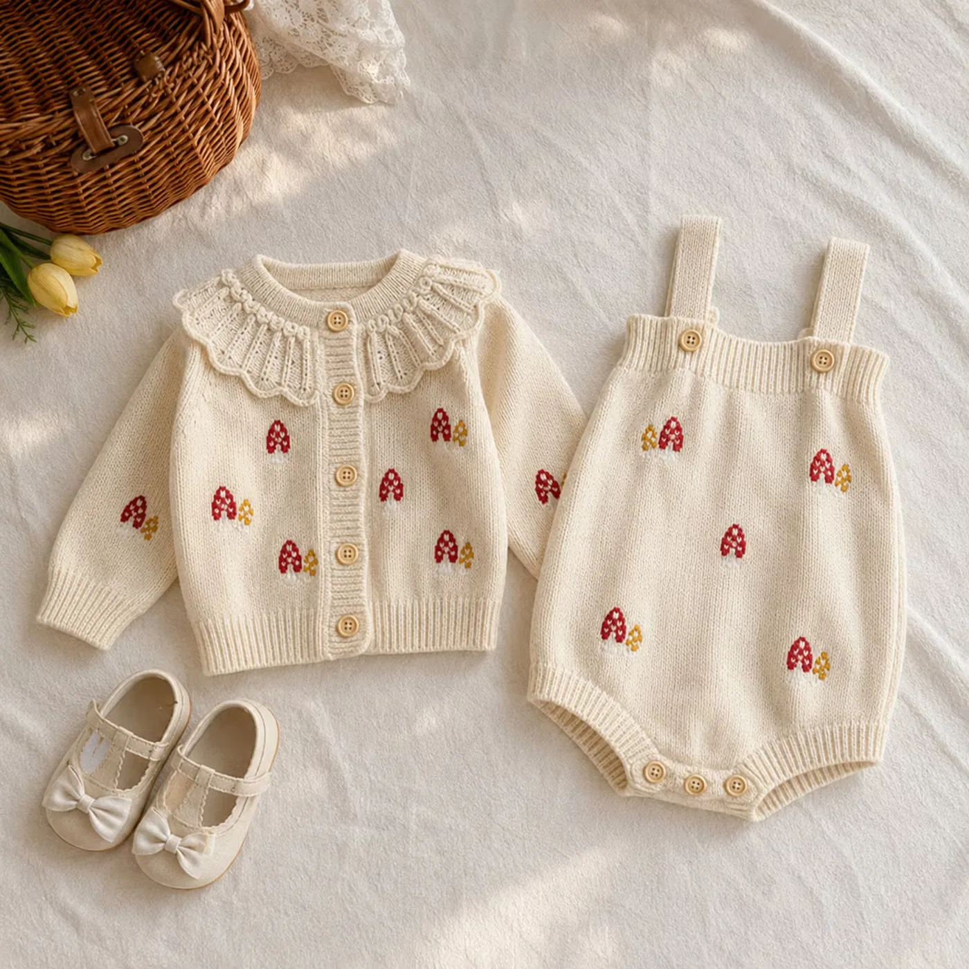 Кардиган вязаный с вышивкой грибов Bloomknit, айвори