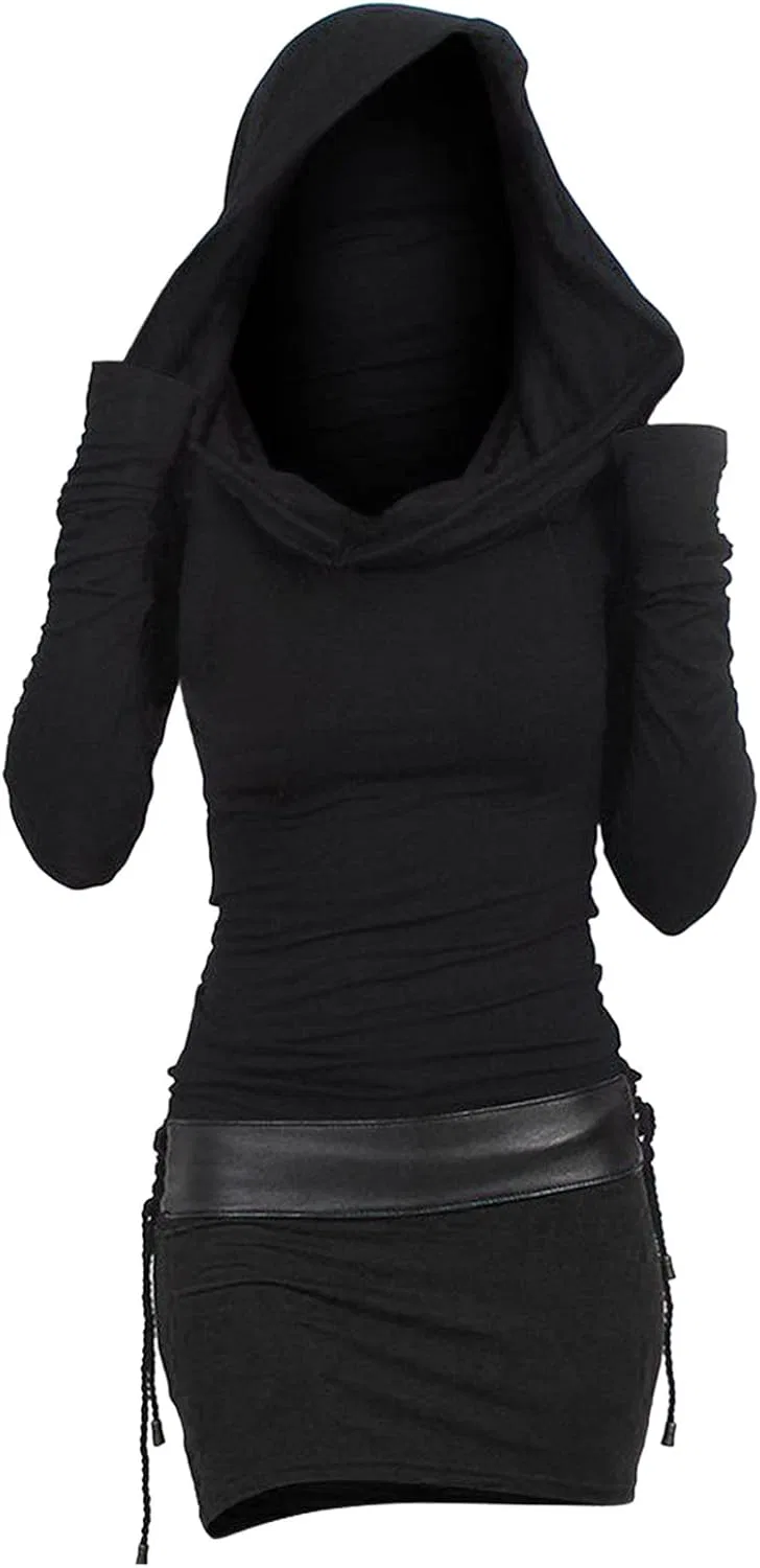 Женское стеганое платье с капюшоном в стиле стимпанк, Black