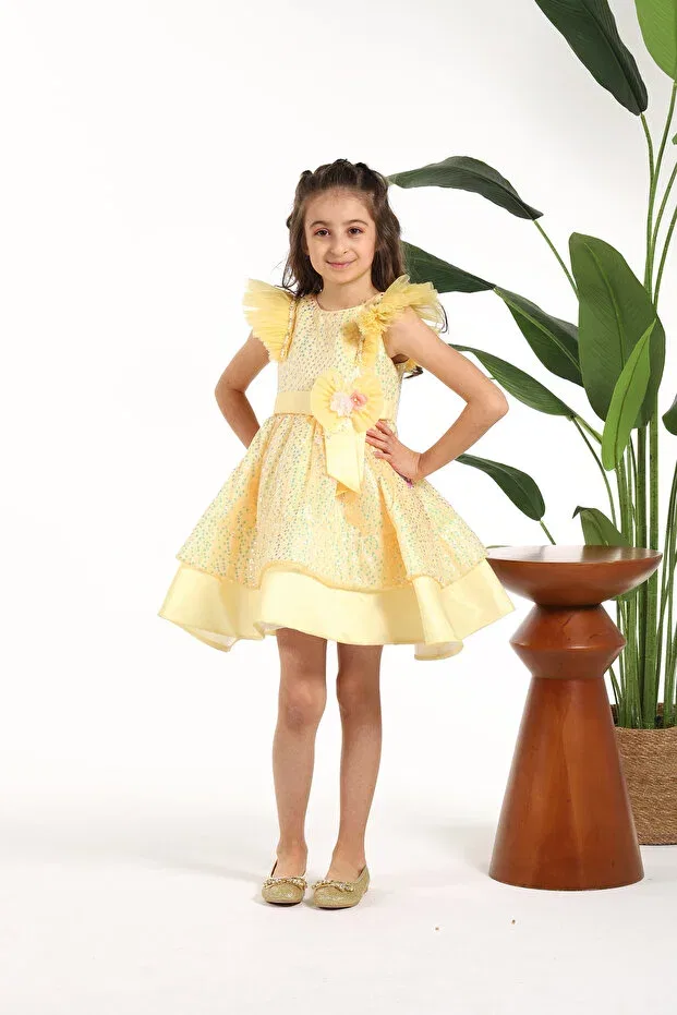 Детское платье для девочек с пайетками Pul sequined ruffle padded appearance sleeve detail Miss Rain, Yellow