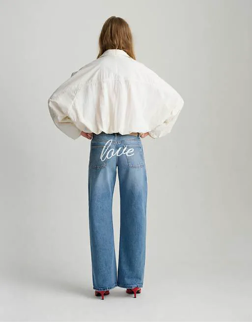 

Джинсы прямого кроя с низкой посадкой Pull&Bear средне-синего цвета