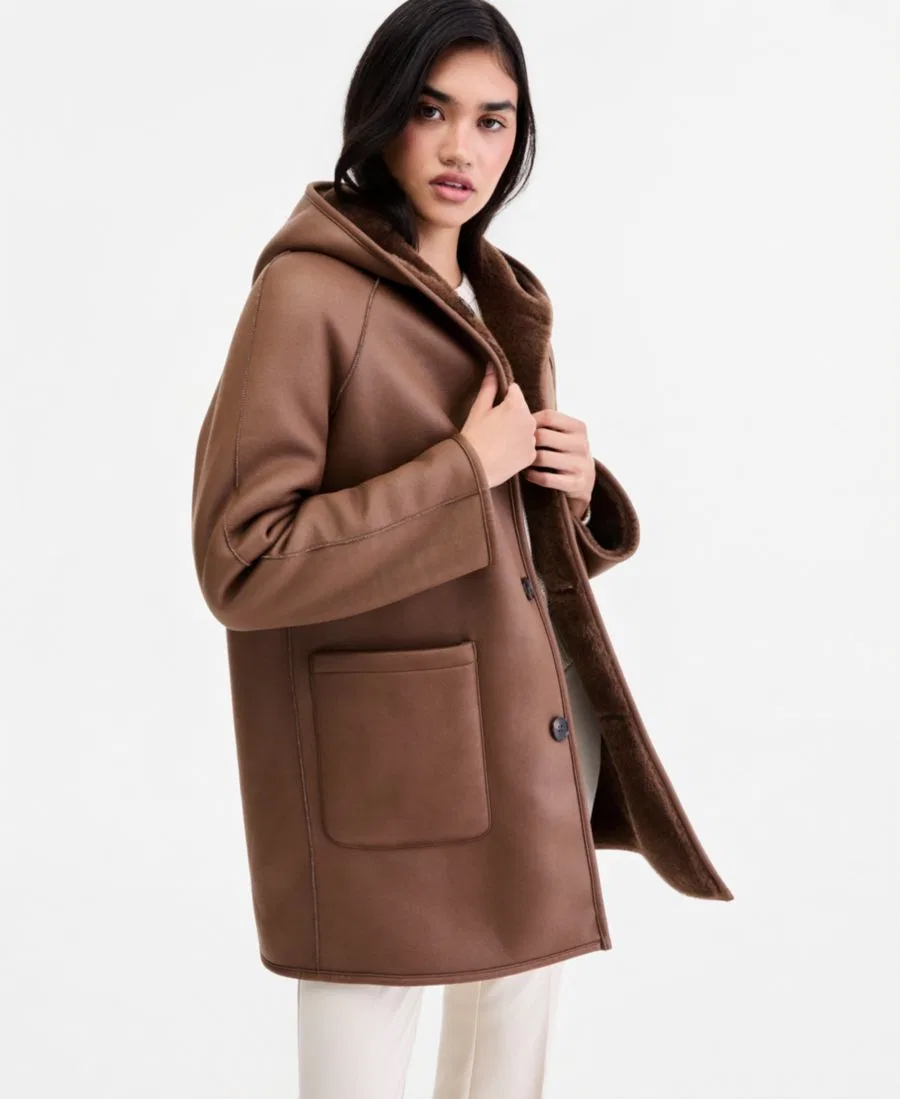 Женское пальто с капюшоном двустороннее Teddy Calvin Klein, Brown — фото 4
