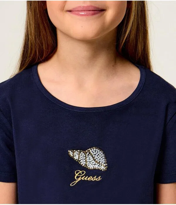 Детская футболка для девочек с принтом T-Shirt Cropped Fit Guess, Blu Marino — фото 4