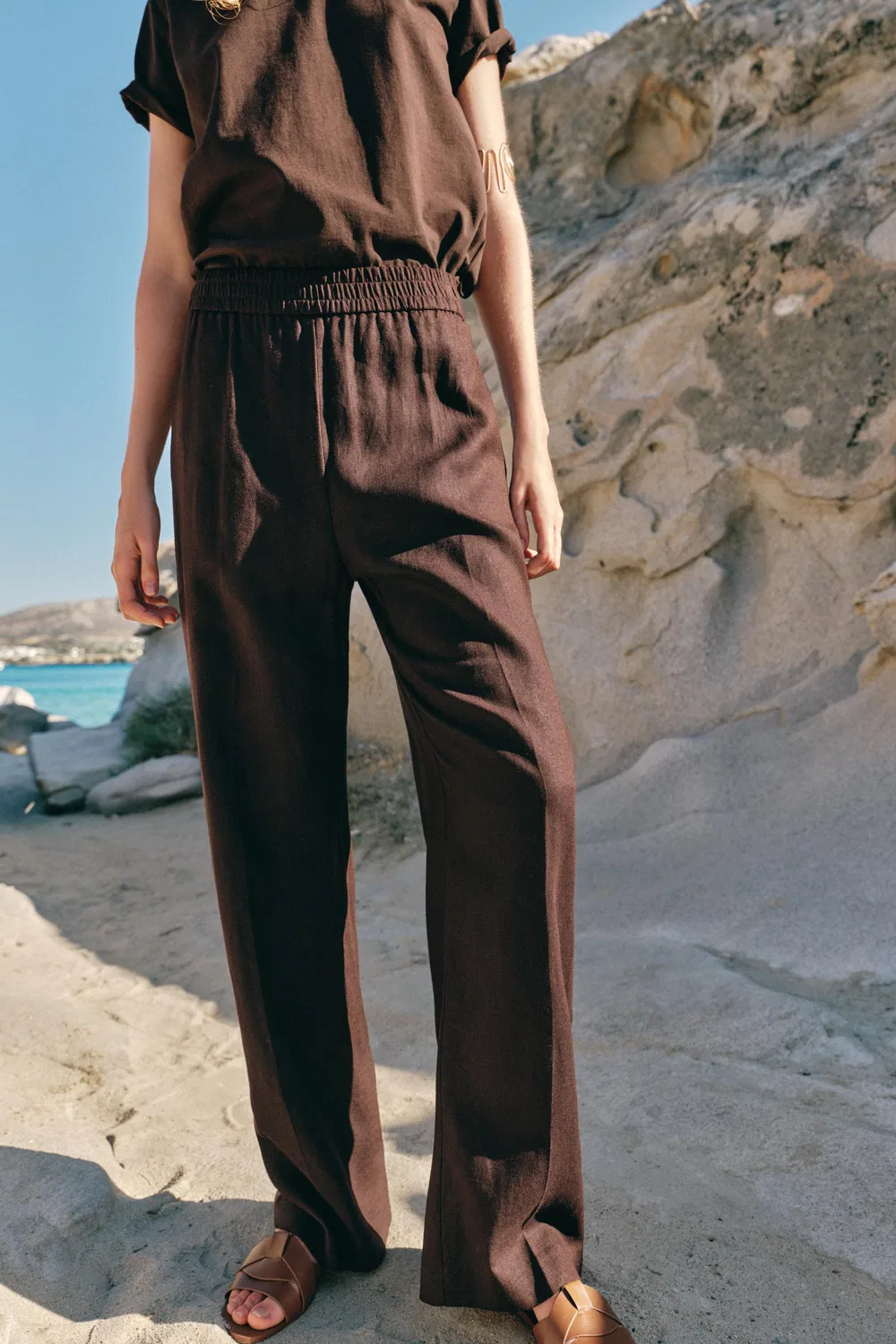Прямые брюки из льна ZARA, Dark Brown — фото 2