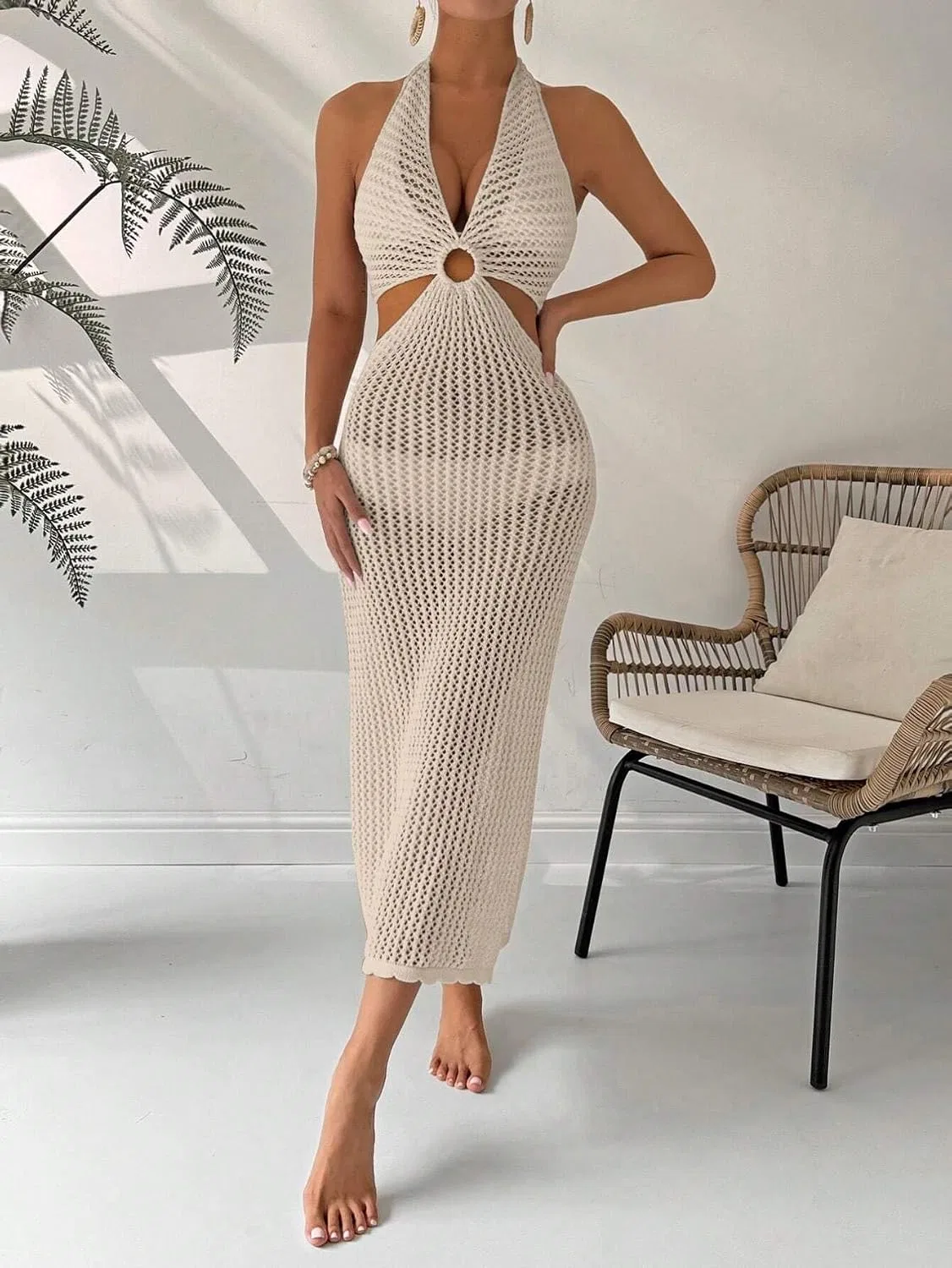 Женская пляжная накидка с вырезами, Slim Fit, Apricot — фото 4