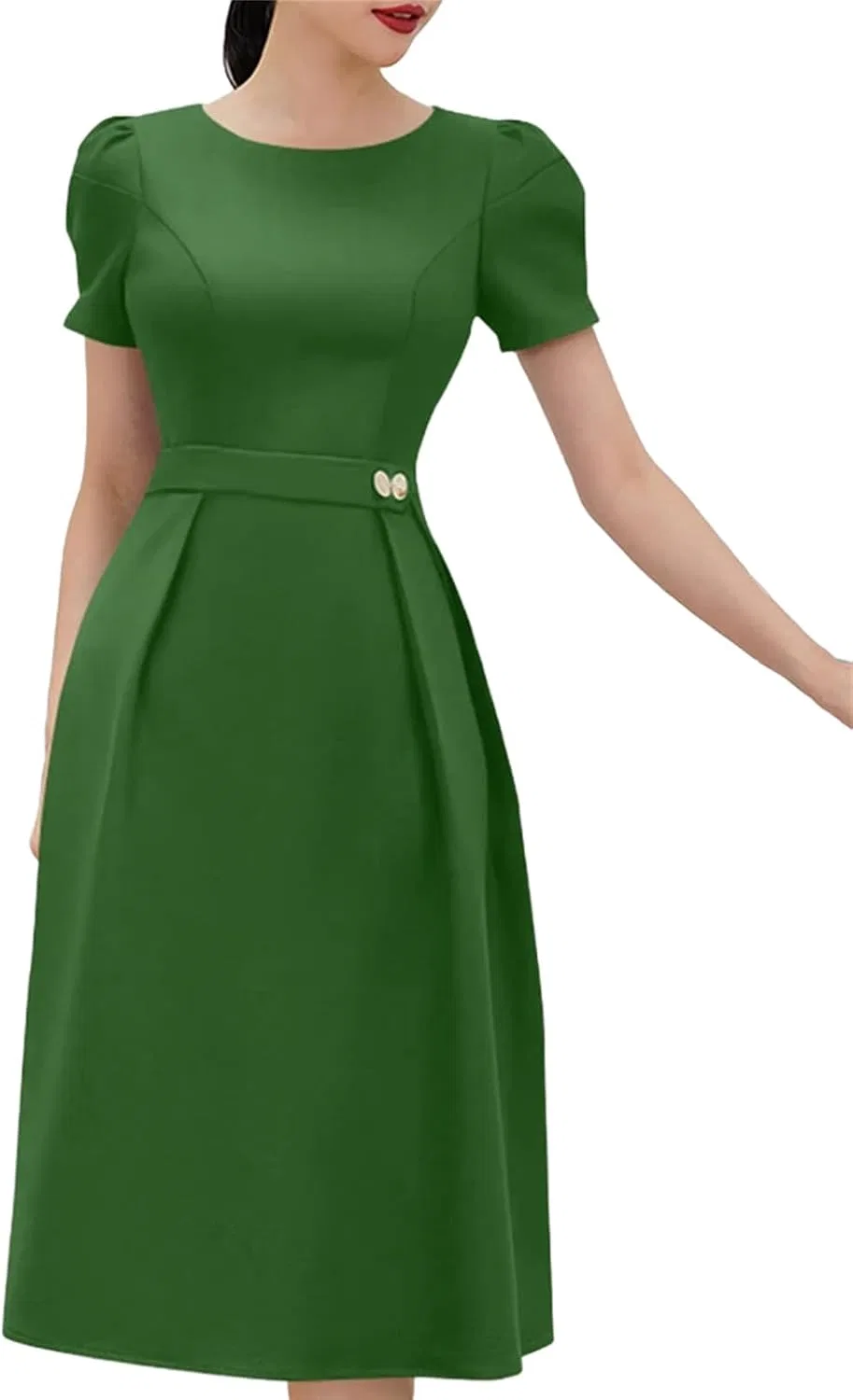 Женское платье миди с короткими пышными рукавами A-line, Green