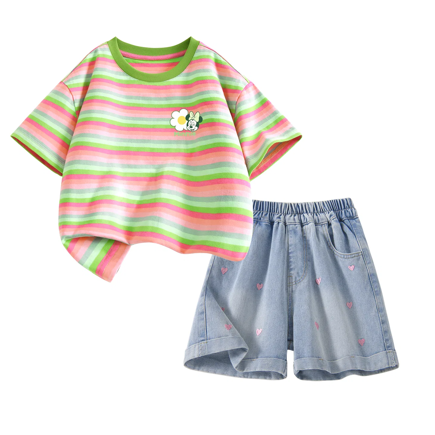 Детский спортивный костюм с круглым вырезом, дышащий, Disney, Di Floral K Sweetheart Green+Solid Color Denim Blue