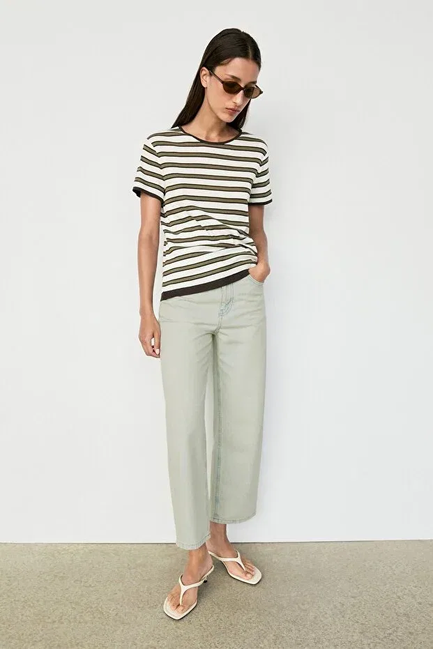 Женская футболка с полосками с коротким рукавом Massimo Dutti, Khaki — фото 3