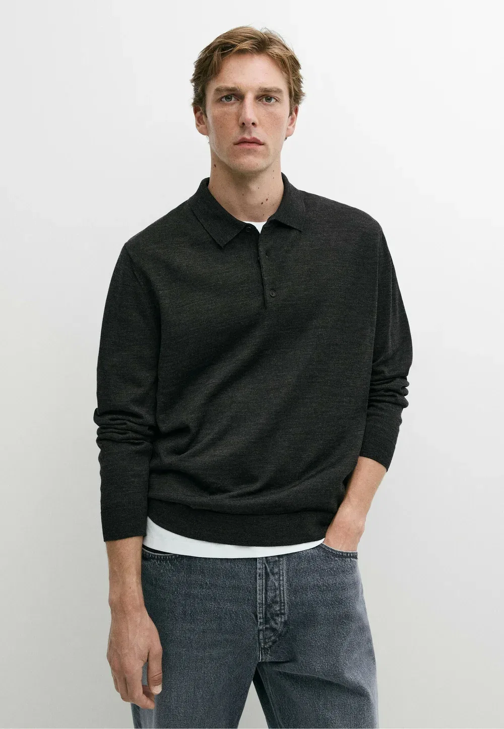 Вязаный поло-свитер из 100% мериносовой шерсти - рубашка поло Massimo Dutti, Dark Grey