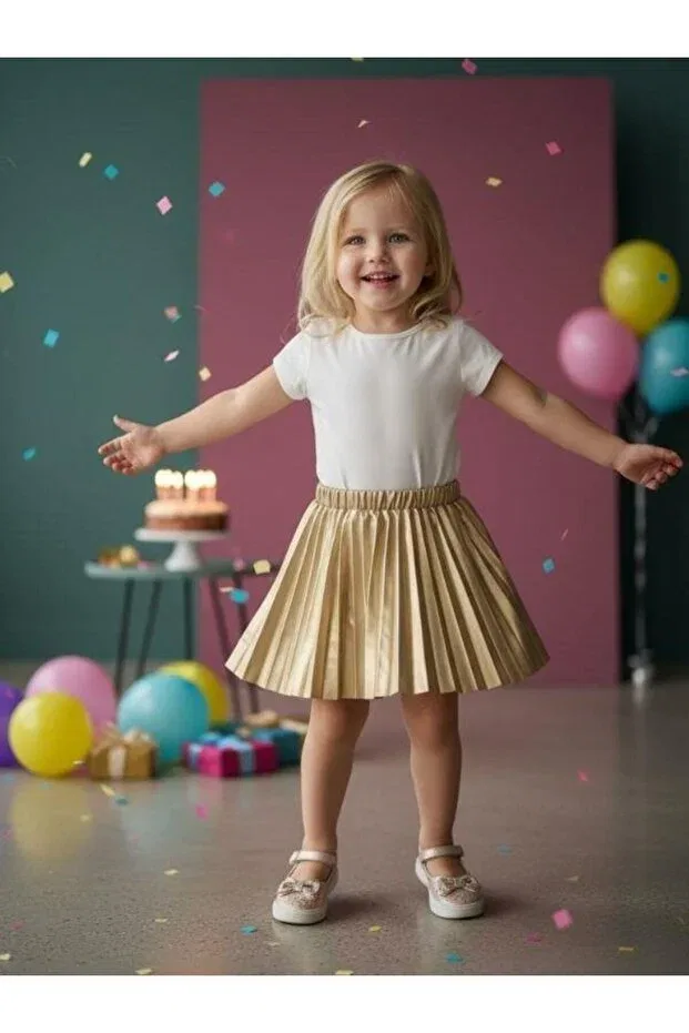 Детская юбка для девочек с плиссе из кожзама Zekids, Gold