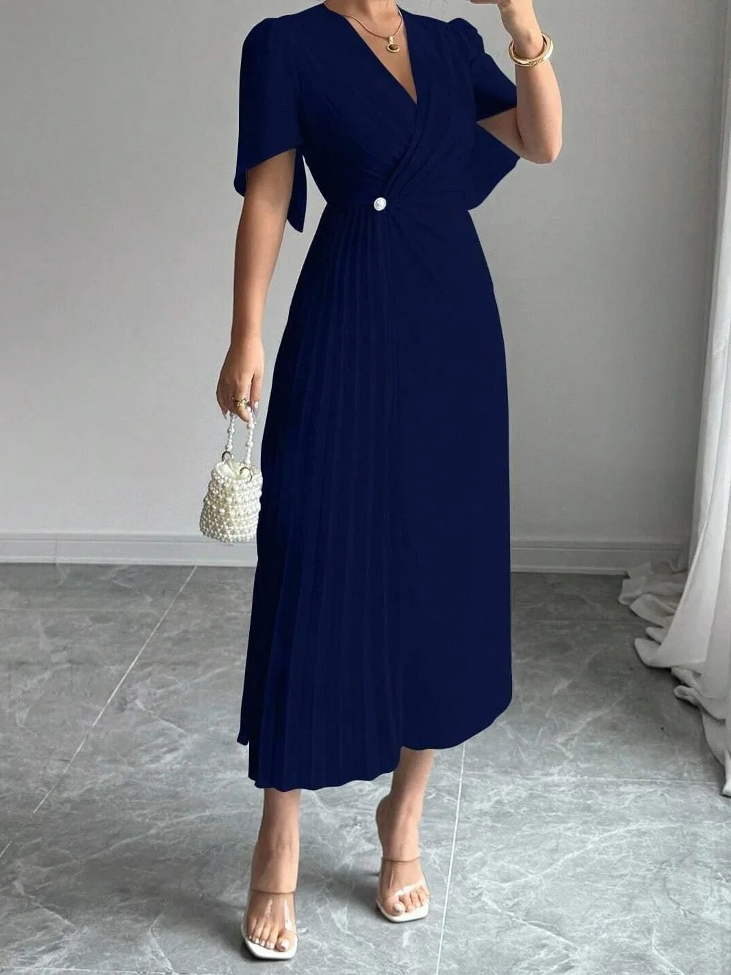 Женское элегантное платье миди с рукавом-фонарик A-line, Navy Blue — фото 4