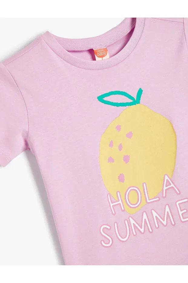 Детская футболка с принтом Lemon Printed Cotton Short Sleeve T-Shirt Koton, Lila — фото 3