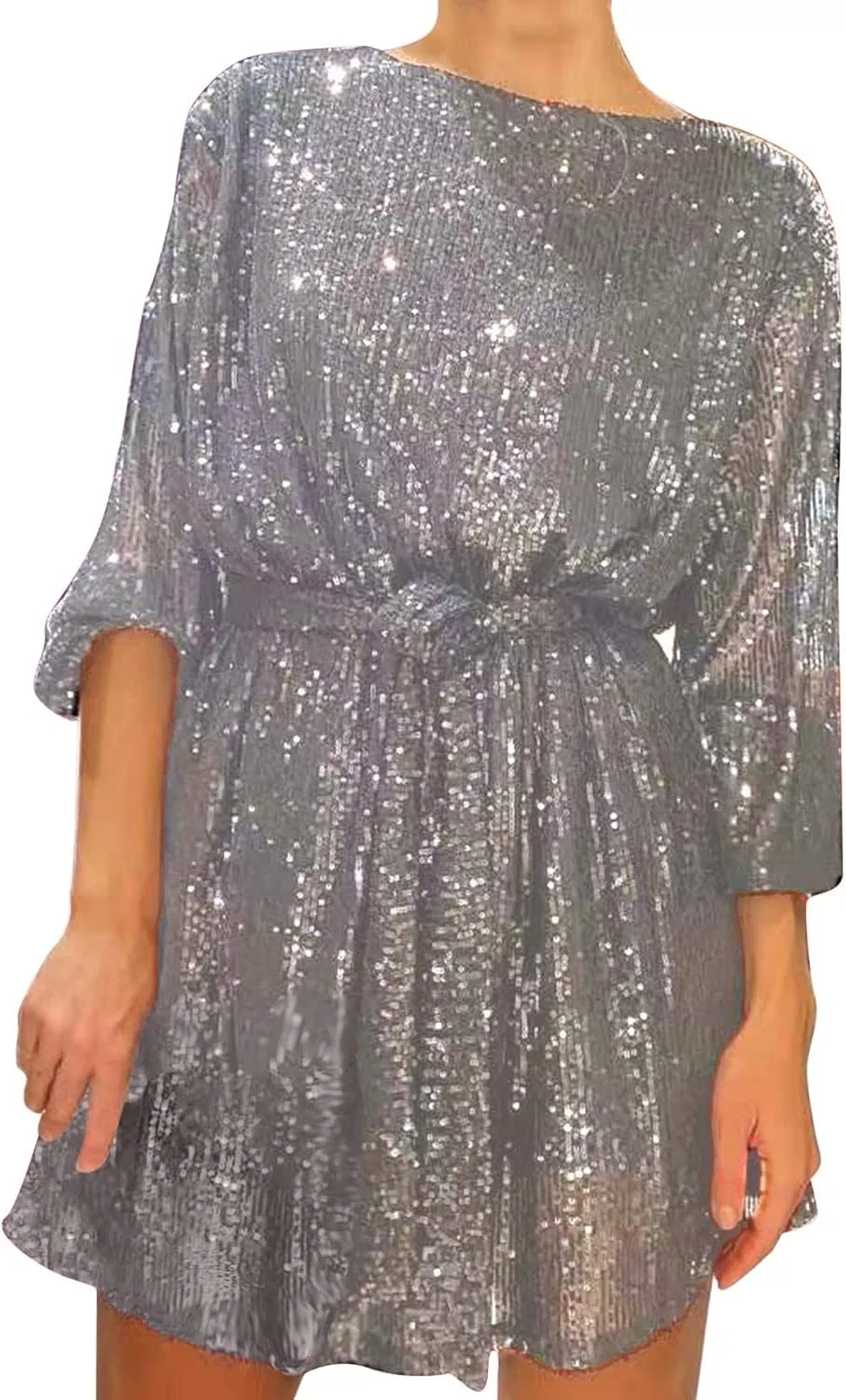 Женское платье-рубашка с пайетками, свободный крой, Silver