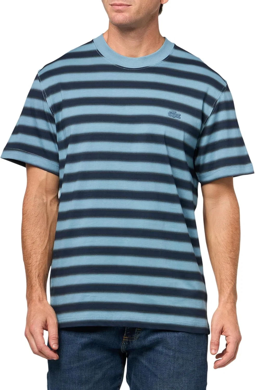 Мужская футболка Lacoste с принтом Stripe Print Jersey T-shirt, хлопок, Limestone, Falcon, / темно-синий Blu