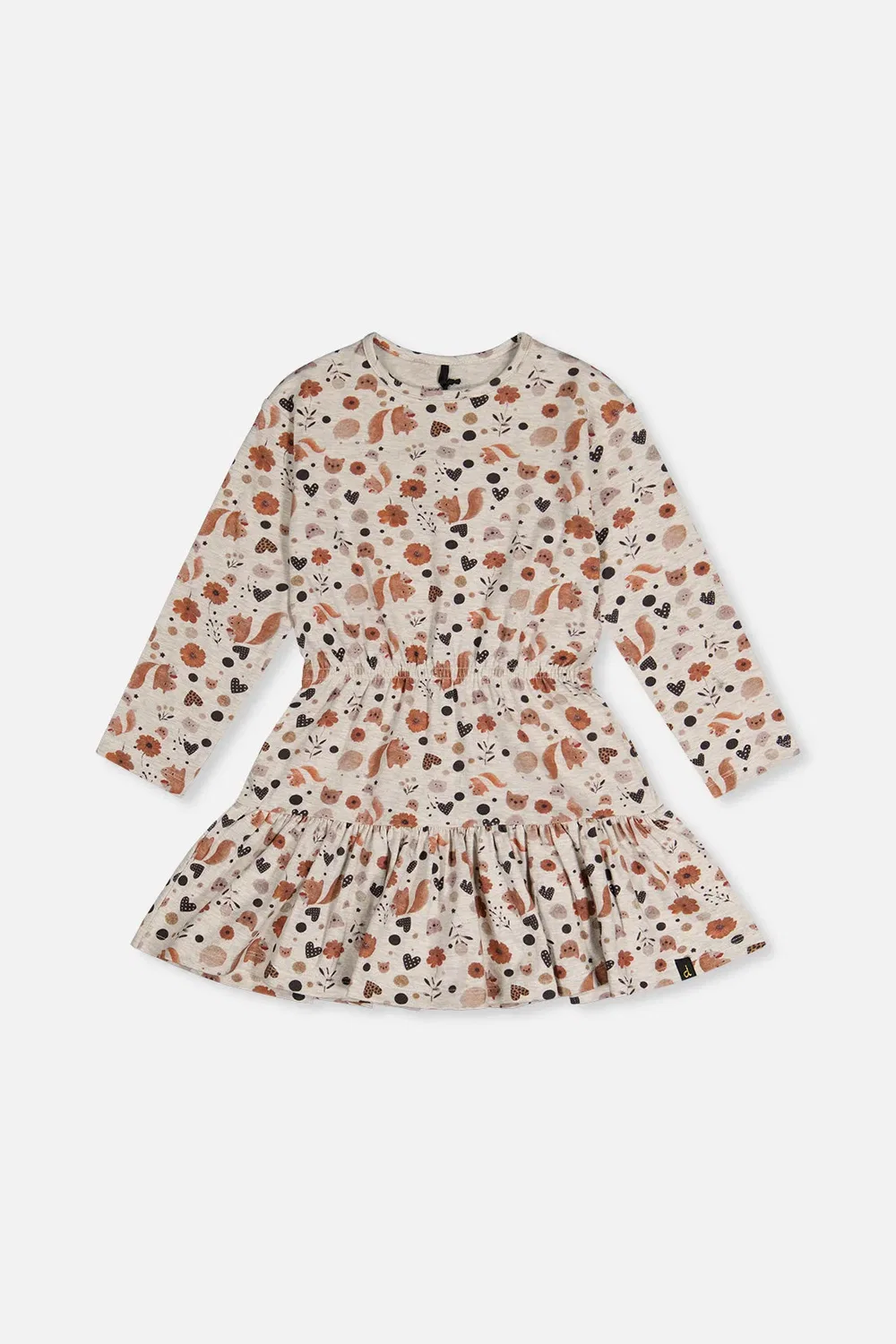 Детское платье для девочек с длинным рукавом с принтом Black Caramel Deux par Deux, Beige With Squirrel Print