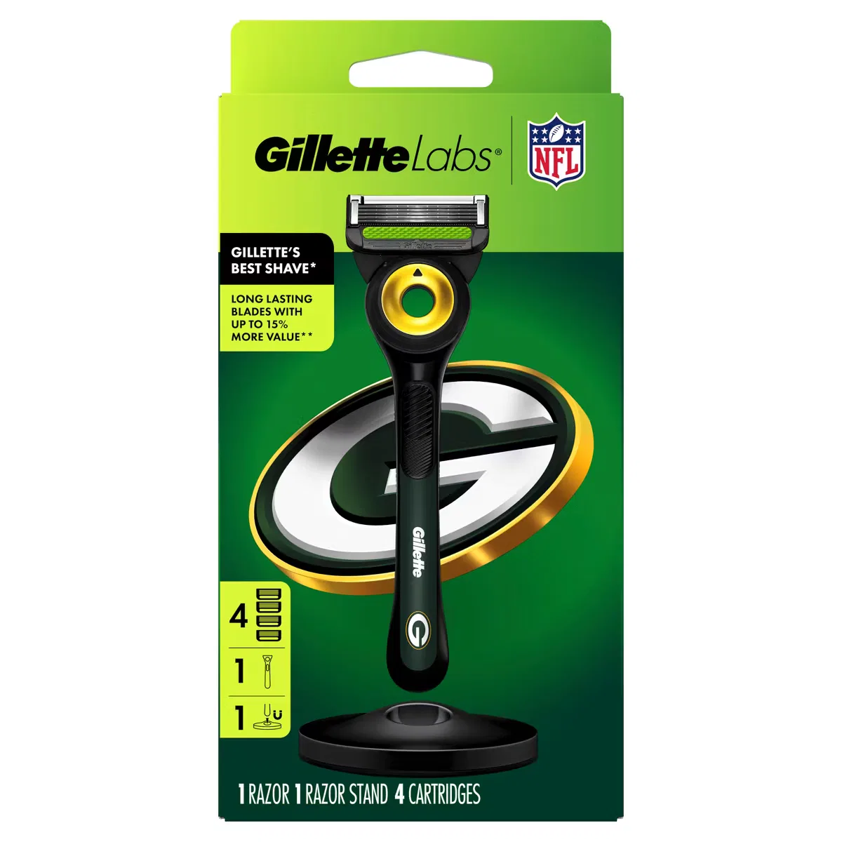 Бритвенный станок GilletteLabs NFL Special Edition Green Bay Packers с 4 сменными картриджами и магнитной подставкой Gillette — фото 2