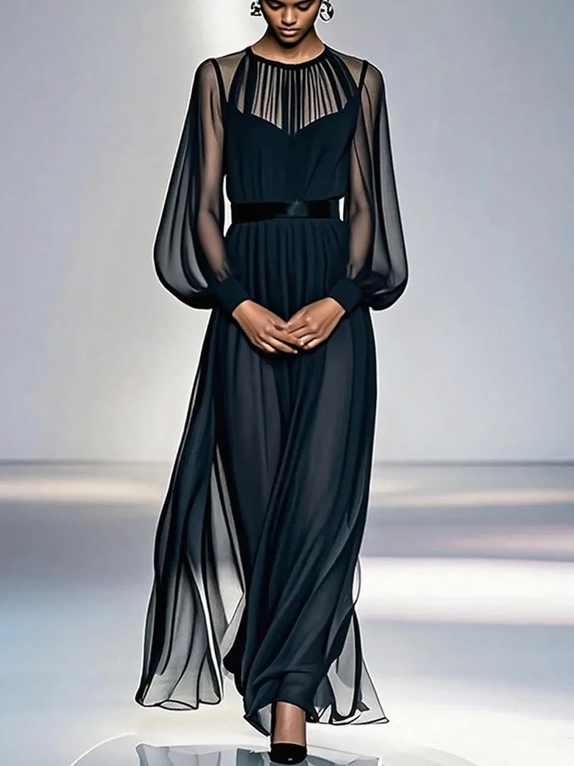 Женское платье миди с рукавами-фонариками Mesh Bodycon Dresses, Black — фото 3