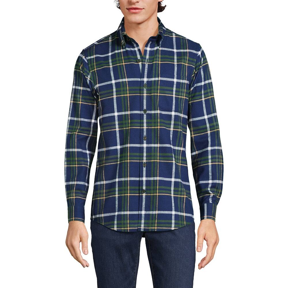 

Флагманская фланелевая рубашка строгого кроя Big & Tall Lands' End, цвет Sea Navy Green Plaid