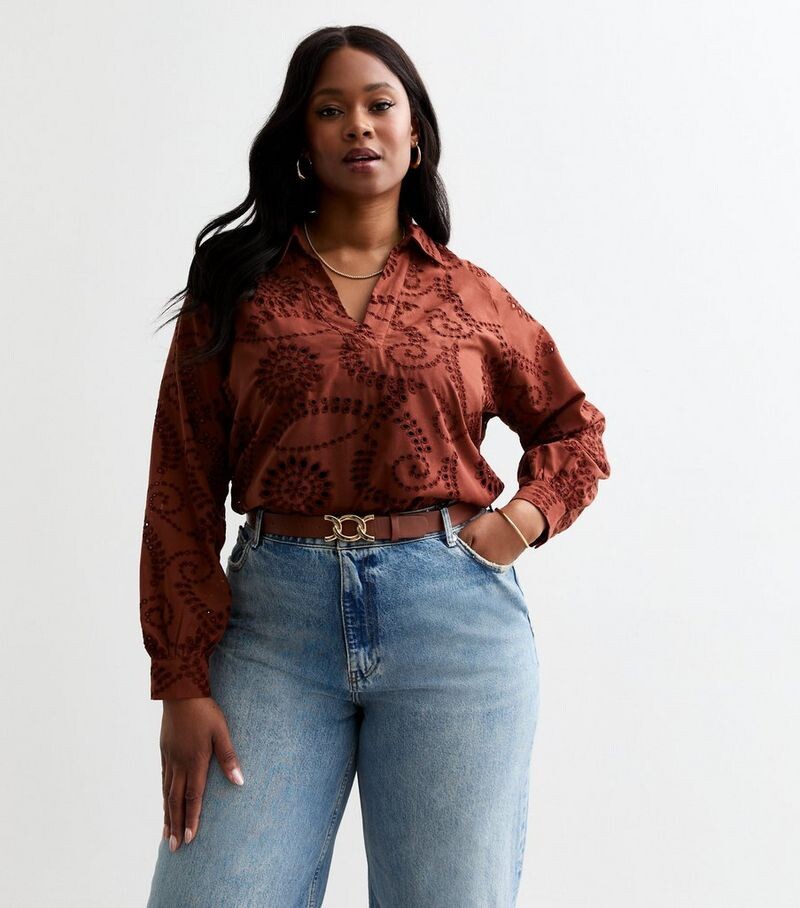 

Рубашка с длинным рукавом Curves Rust Broderie New Look, бордовый