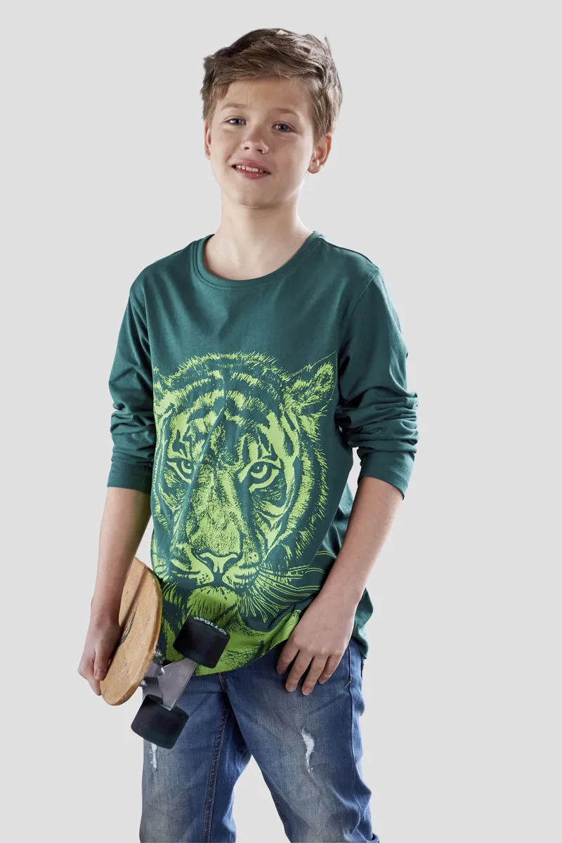 

KIDSWORLD рубашка с длинными рукавами "NEON TIGER", яркий принт для мальчиков, зеленый